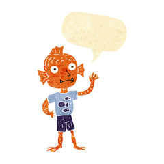 cartoon waving fish boy with speech bubble