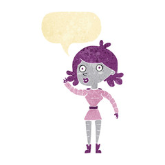 cartoon robot woman waving with speech bubble