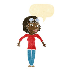 cartoon woman wearing goggles with speech bubble
