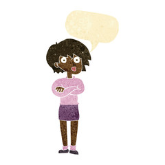 cartoon woman wit crossed arms with speech bubble