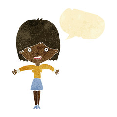 cartoon excited woman with speech bubble