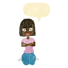 cartoon woman kneeling with speech bubble