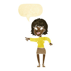 cartoon woman pointing with speech bubble