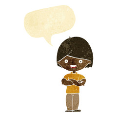 cartoon man with crossed arms with speech bubble