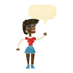 cartoon woman in spectacles waving with speech bubble