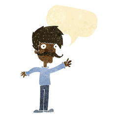 cartoon waving mustache man with speech bubble
