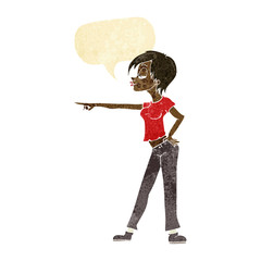cartoon hip woman pointing with speech bubble