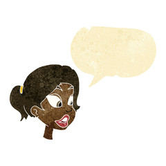 cartoon friendly woman with speech bubble