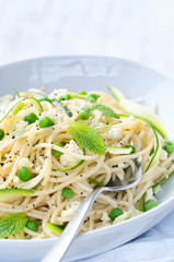 Simple pasta dish with fresh vegetables and mint