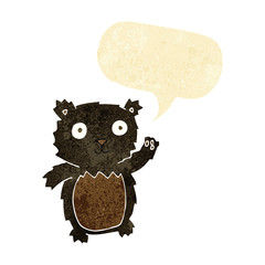 cartoon waving black bear cub with speech bubble