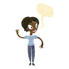 cartoon woman waving with speech bubble