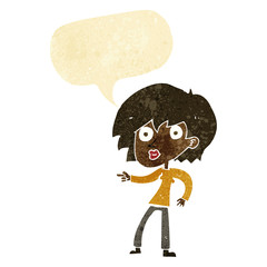 cartoon surprised woman pointing with speech bubble