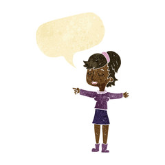 Obraz na płótnie Canvas cartoon happy woman pointing with speech bubble