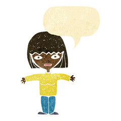cartoon woman with open arms with speech bubble