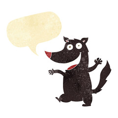 cartoon happy wolf with speech bubble
