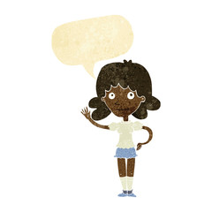 cartoon woman waving with speech bubble