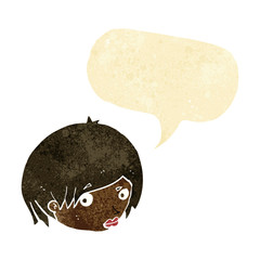 cartoon female face with raised eyebrow with speech bubble