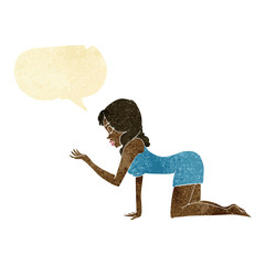 cartoon woman on all fours with speech bubble