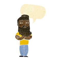 cartoon serious man with beard with speech bubble