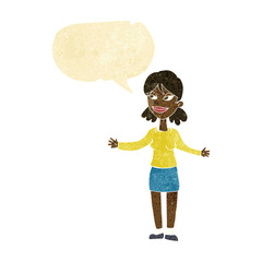 cartoon happy woman shrugging shoulders with speech bubble