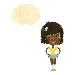 cartoon happy woman with speech bubble