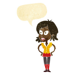 cartoon woman with hands on hips with speech bubble