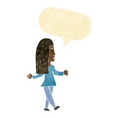 cartoon woman shrugging shoulders with speech bubble
