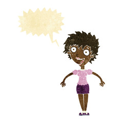 cartoon excited woman with speech bubble