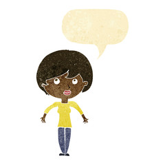 cartoon woman shrugging shoulders with speech bubble