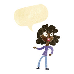 cartoon worried woman pointing with speech bubble