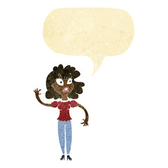 cartoon worried woman waving with speech bubble