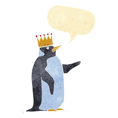 cartoon penguin wearing crown with speech bubble