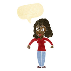 cartoon woman shrugging shoulders with speech bubble