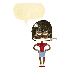 cartoon woman with knife between teeth with speech bubble