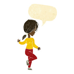 cartoon girl dancing with speech bubble