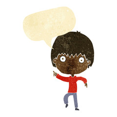 cartoon impressed boy pointing with speech bubble