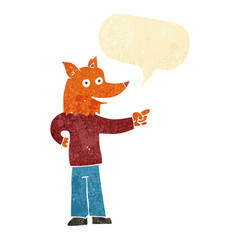 cartoon fox man pointing with speech bubble