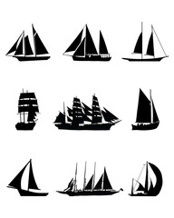 Black silhouettes of sailing boats, vector