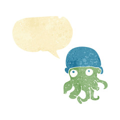 Obraz na płótnie Canvas cartoon alien head wearing hat with speech bubble