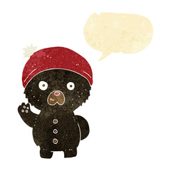 cartoon waving black teddy bear in winter hat with speech bubble
