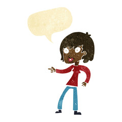 cartoon woman pointing with speech bubble