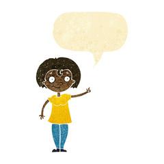 cartoon happy woman pointing with speech bubble