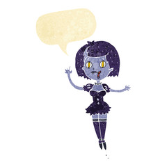 cartoon happy vampire girl with speech bubble