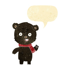 cartoon waving black bear cub with scarf with speech bubble