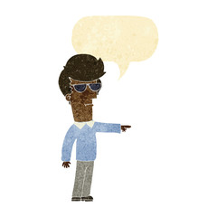 cartoon man in glasses pointing with speech bubble