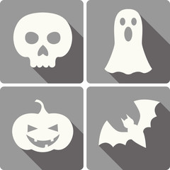 set of four Halloween icons with images of a bat, sull, jack-o-lantern and a ghost