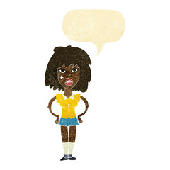 cartoon woman been in fight with speech bubble
