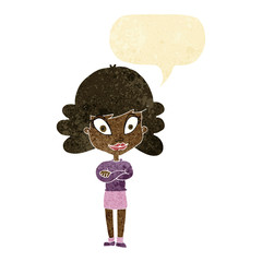 cartoon happy woman with folded arms with speech bubble