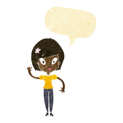 cartoon pretty woman waving with speech bubble
