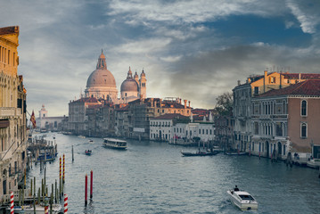 Grand Canal and Basilica Santa Maria della Salute during sunset, Venice, Italy